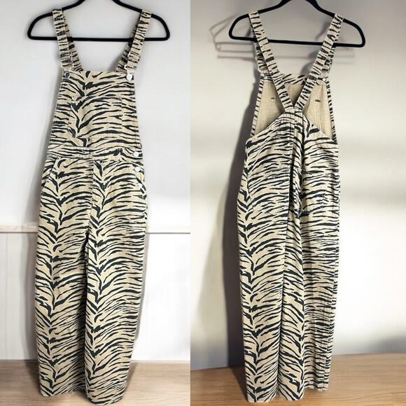 Topshop Moto Zebra Print Denim Overalls Size 4 NWT $95 Wide Leg Cropped Fray - Picture 1 of 12